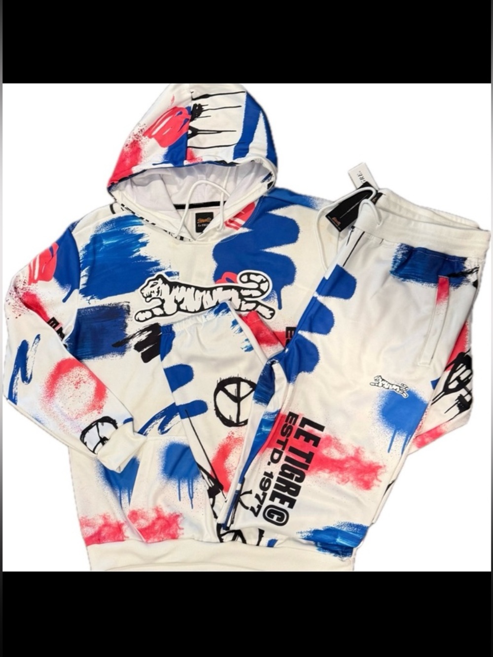 LE TIGRE Men's White Graffiti Peace Logo 2 Piece Set Active Hoodie/Track Pant